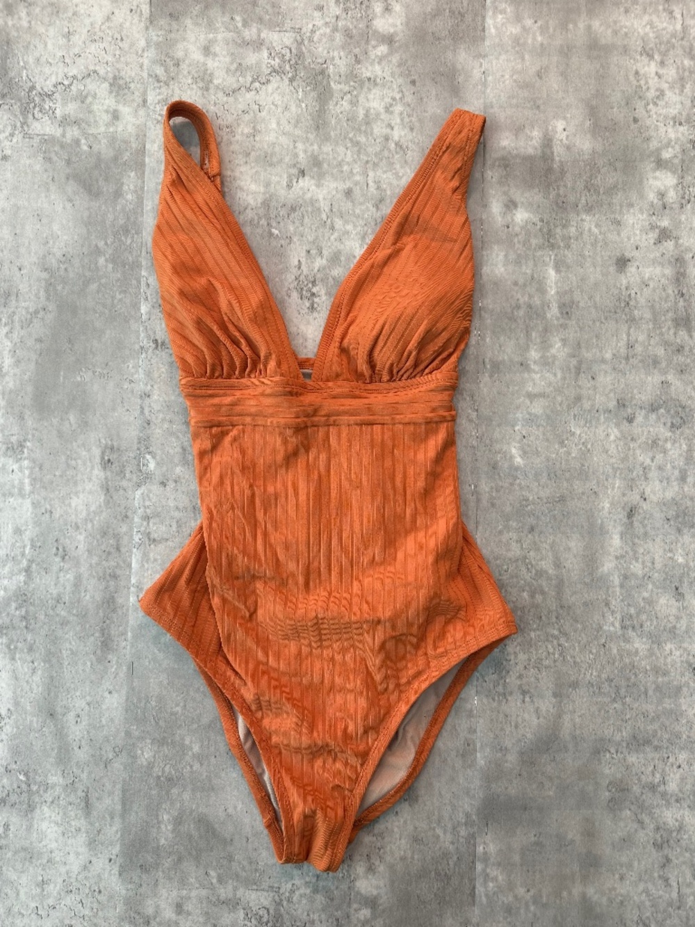Kona Sol™ Wide Ribbed One Piece Swimsuit Orange Adjustable Halter Bathing Suit M